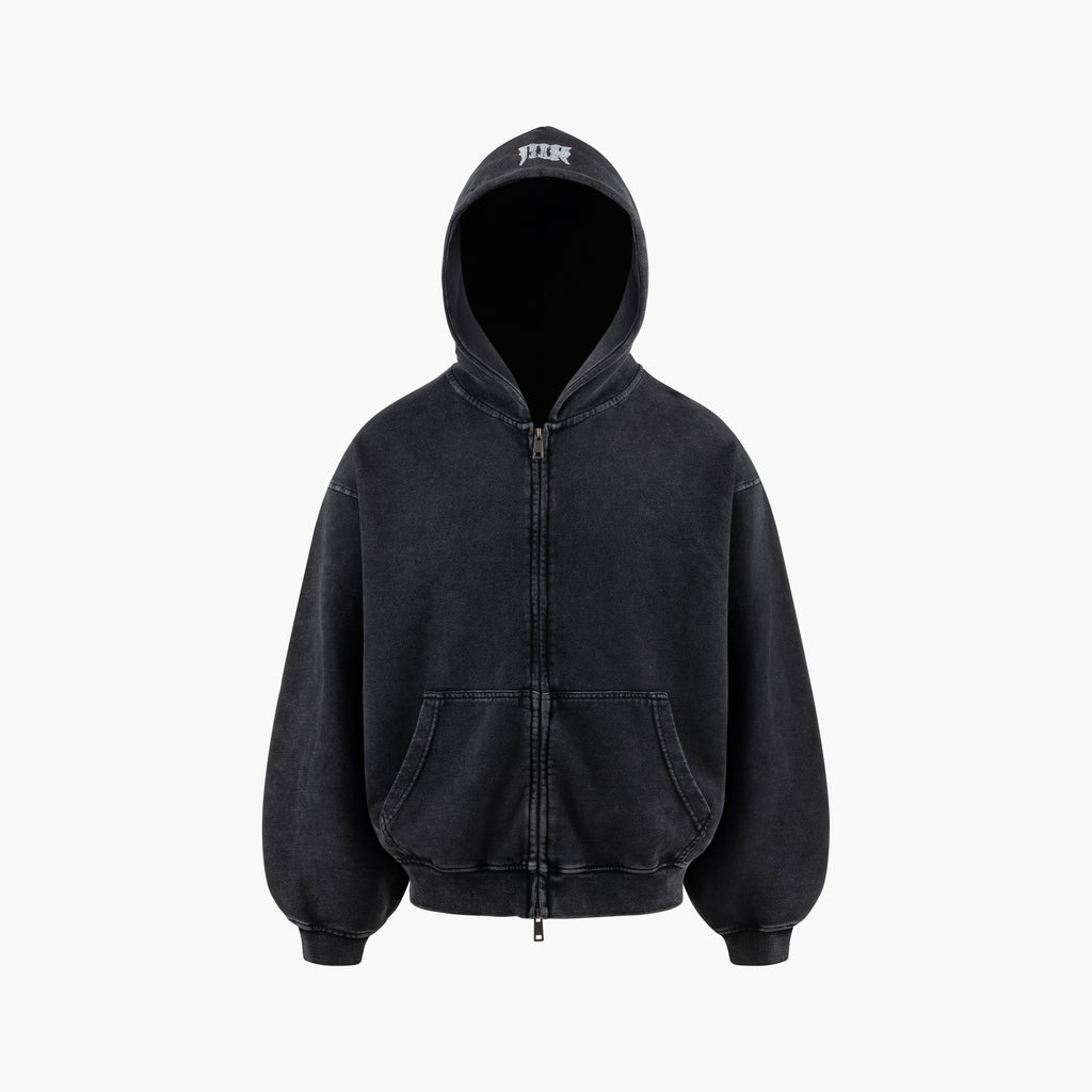 Black Washed Plain Boxy Zip Hoodie