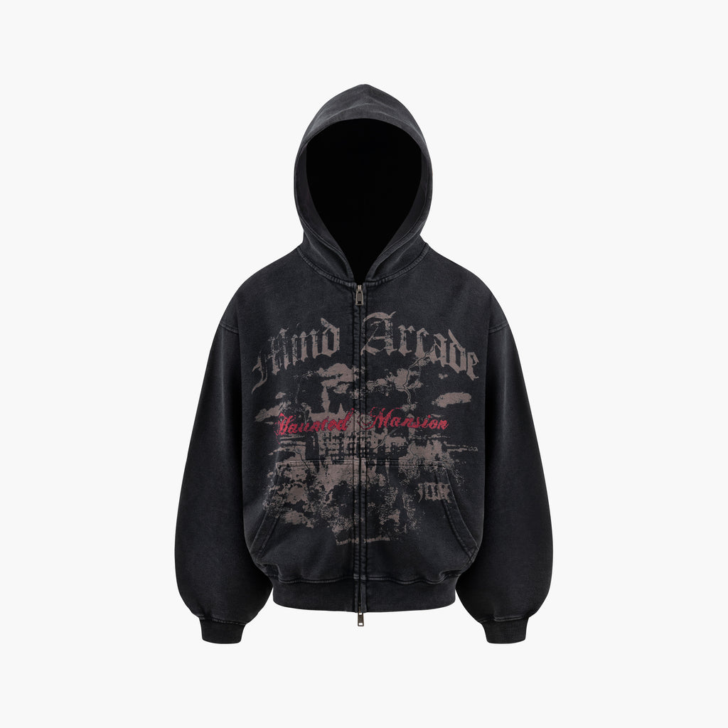 Black Washed Haunted Mansion Zip Hoodie
