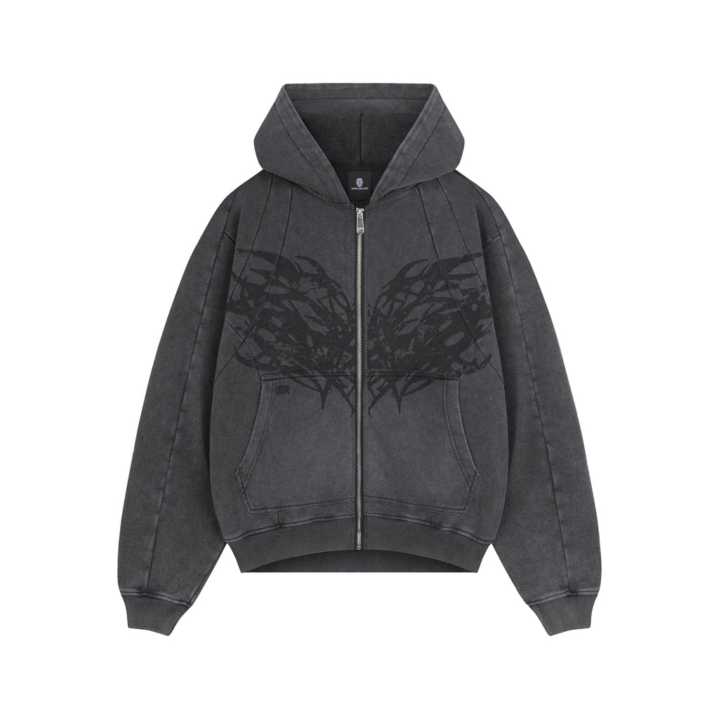 Graphite Washed Boxy Tribal Zip Hoodie