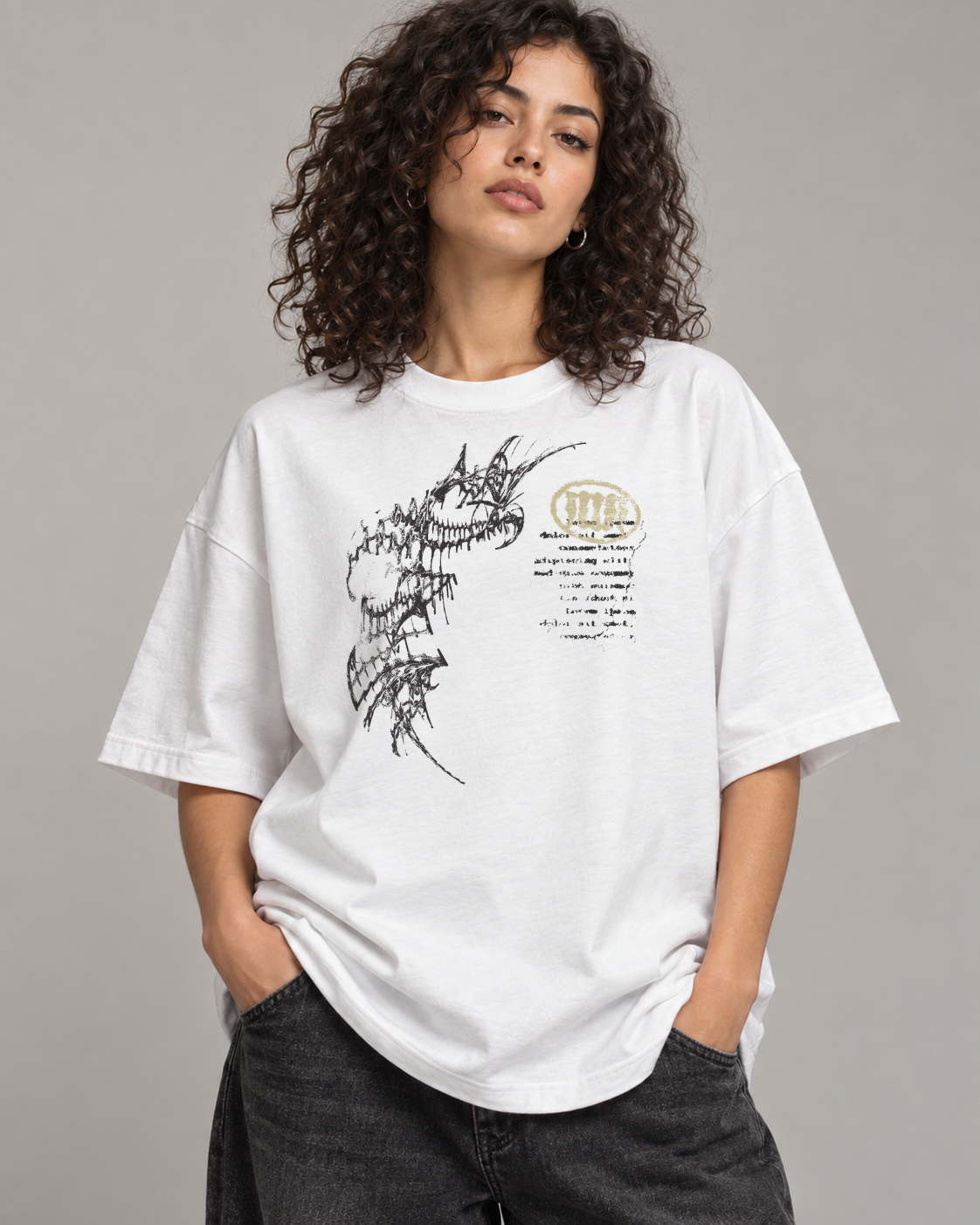 Tribal Stamp T-shirt — White — model, skala nadruku zgodna z flatem v1