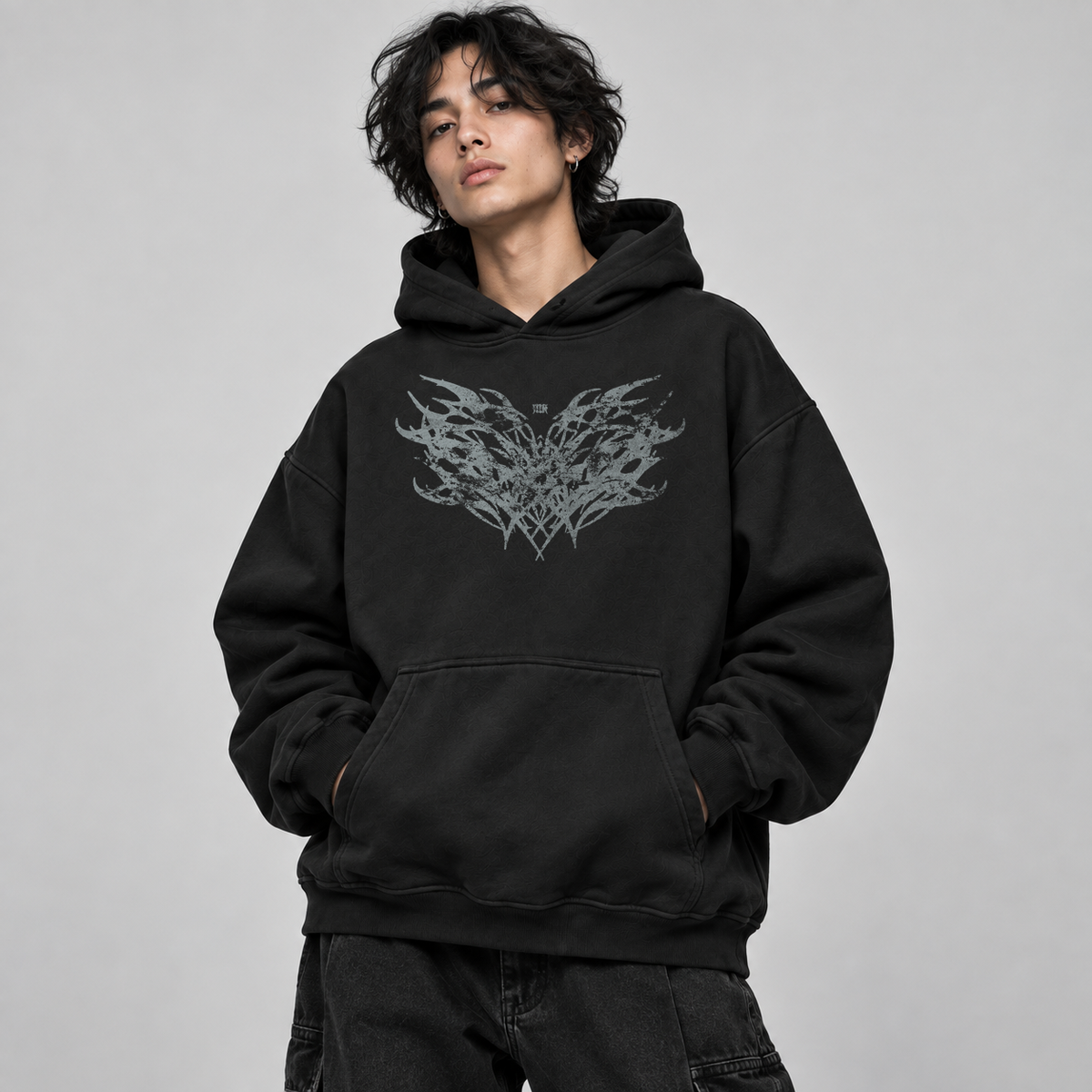 Tribal Sigilism Hoodie — Black — model, skala nadruku zgodna z flatem v1