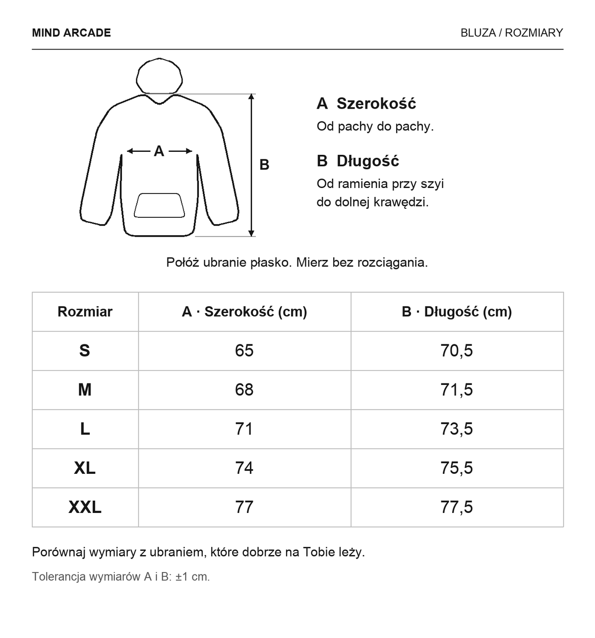 Mind Arcade — tabela rozmiarów BY162, szerokość A i długość B, S–XXL