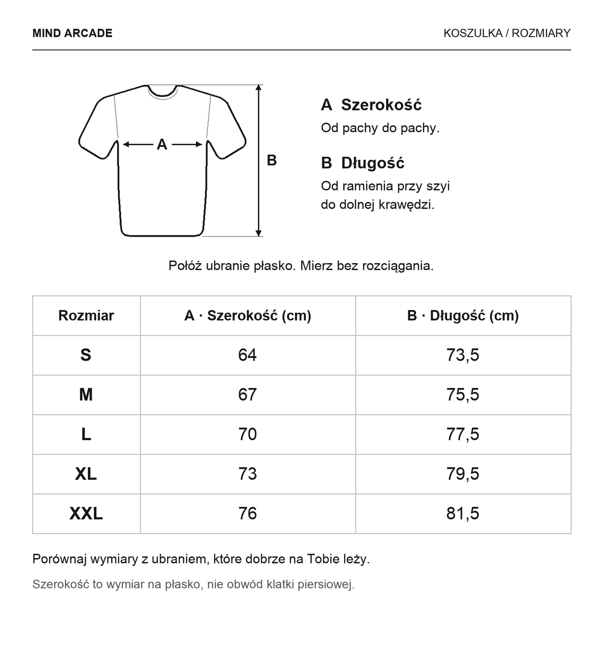 Mind Arcade — tabela rozmiarów BY163, szerokość A i długość B, S–XXL