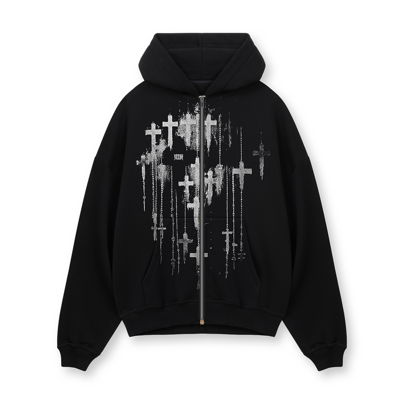 [IN STOCK] Black Crosses Glow Zip Hoodie