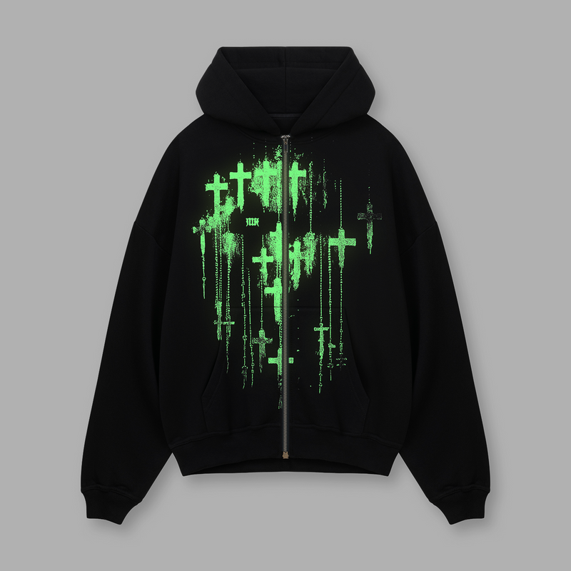 [IN STOCK] Black Crosses Glow Zip Hoodie